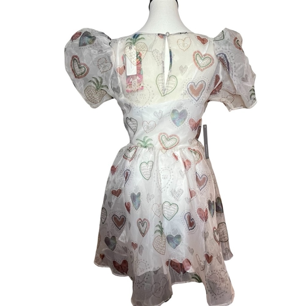 Farm Rio X Anthropologie Semi Sheer Puff Sleeve Mini Dress NWT Size XS Hearts - Picture 4 of 9